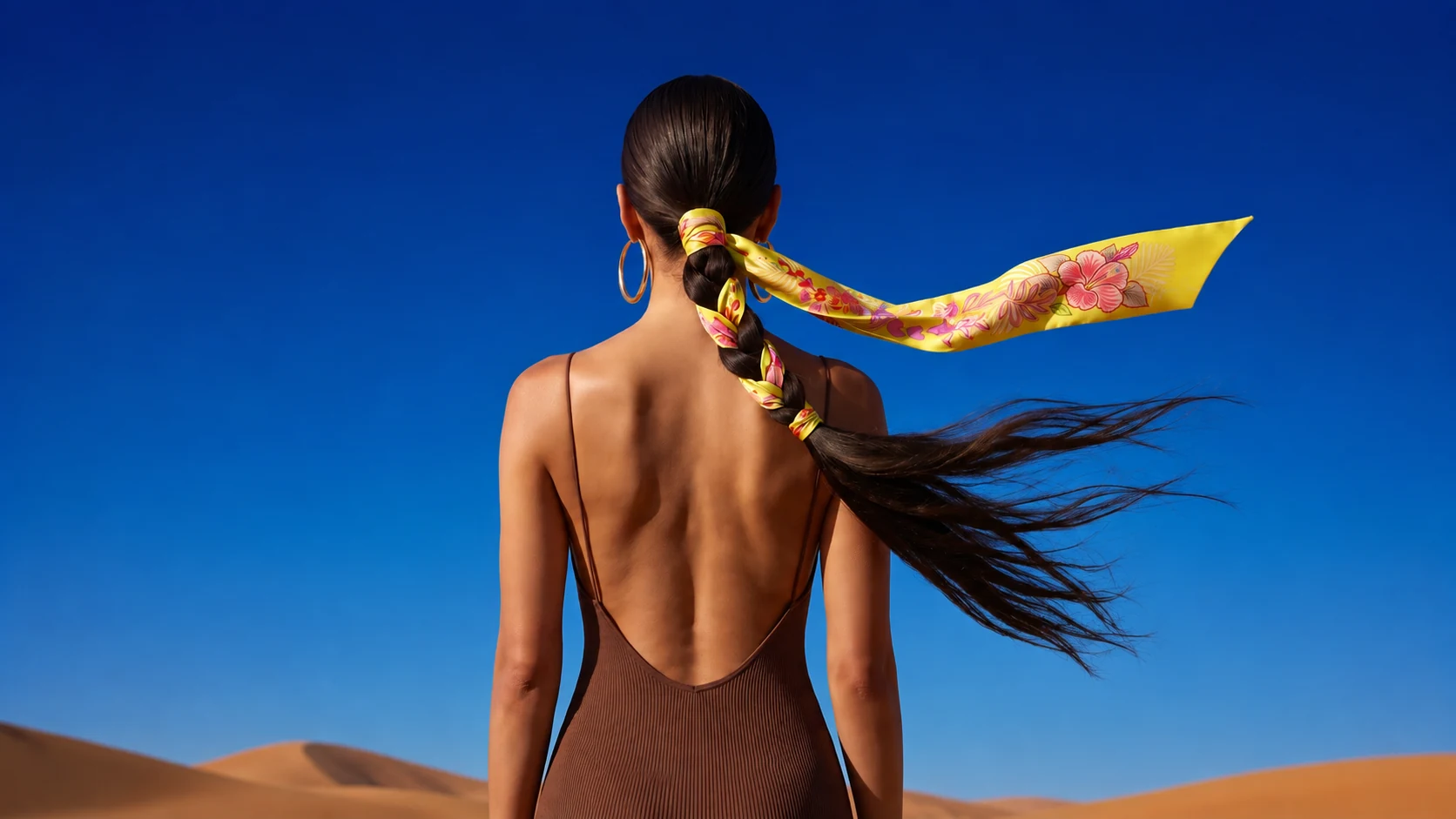 Petit twill di seta NinaMoire giallo a fiori annodato in una treccia, sulle dune del deserto